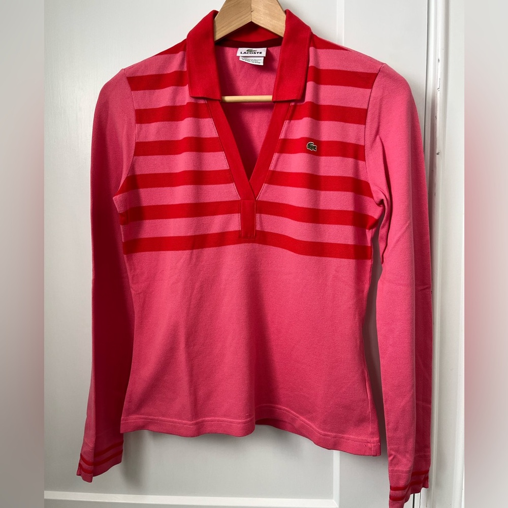 Lacoste Women's long sleeve pink stripe polo Sz 38/S